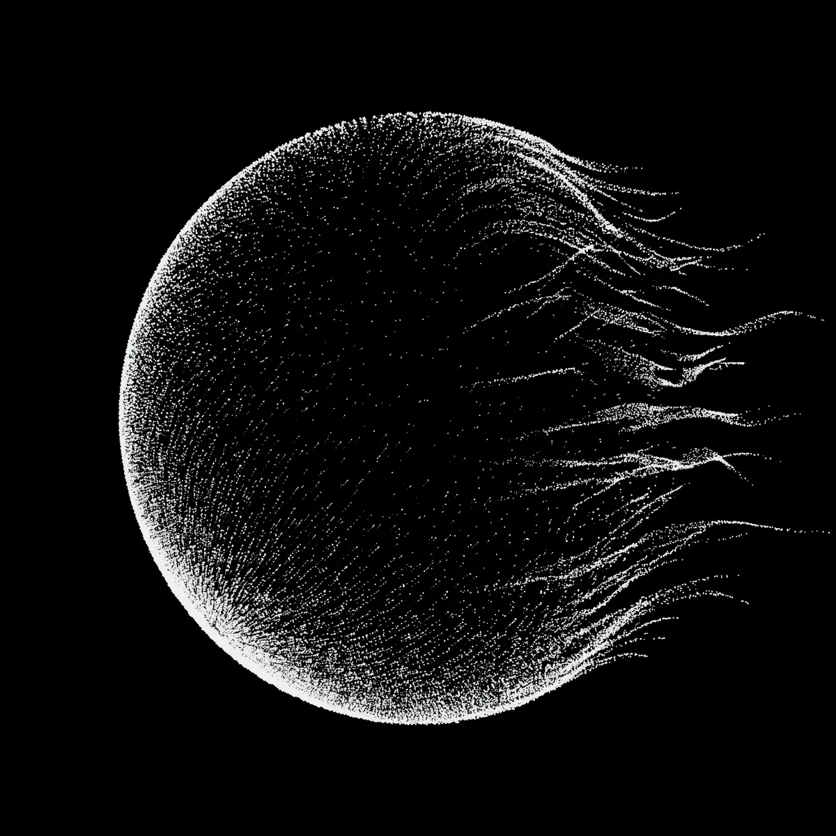 A sphere made of thousands of points of light, streaming away on one side